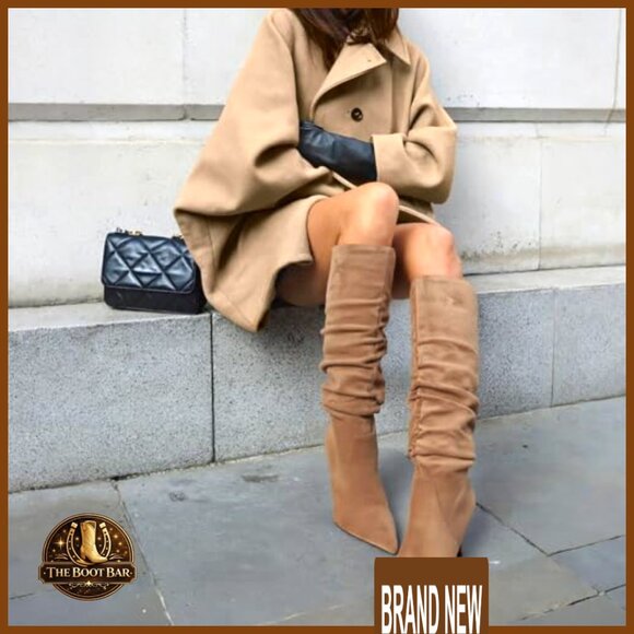 Knee High Boots Wide Calf Slouchy Tall Kitten Heel Pointed Toe Side Zipper - Picture 2 of 7